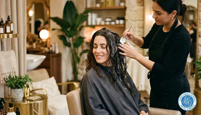 Peluquera aplicando un tratamiento profesional de enzimoterapia a una clienta en Sevilla