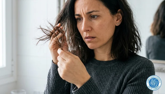 Mujer con expresión preocupada examinando el frizz y las puntas secas de su cabello